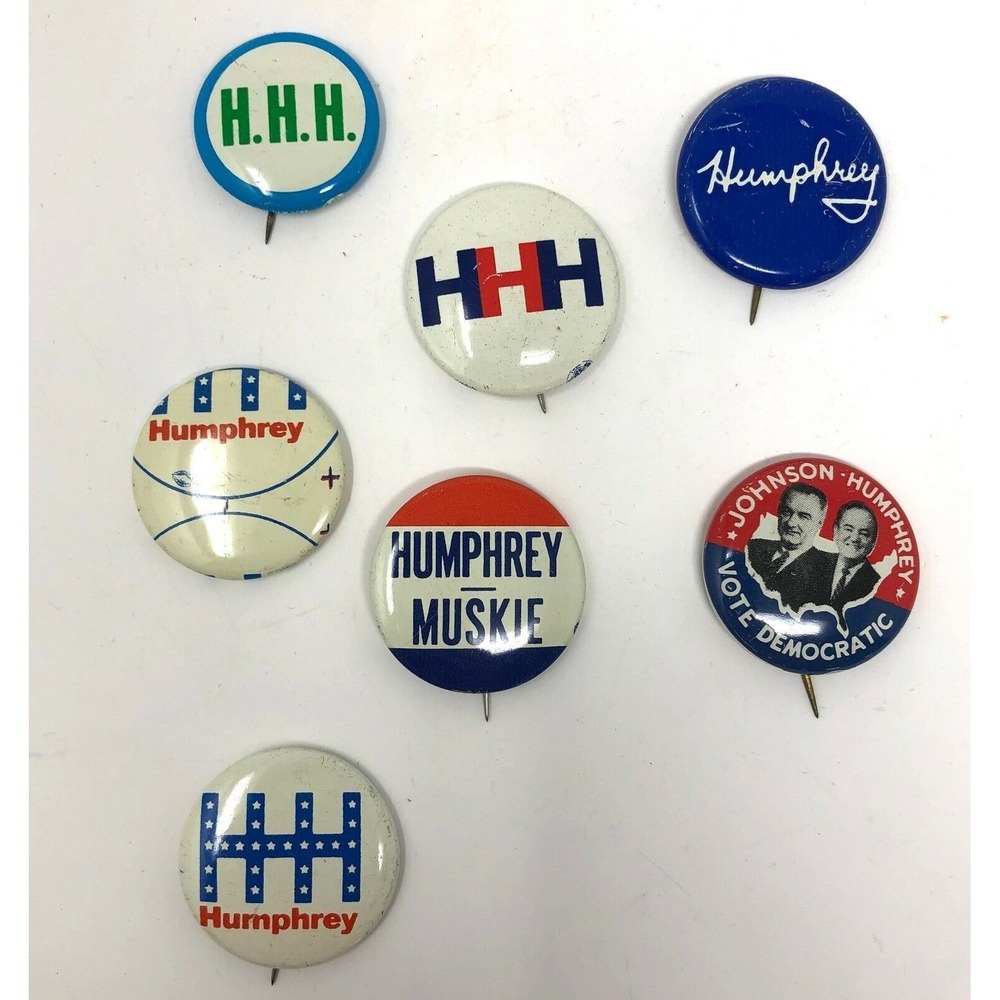 Lot of‎ Seven Political Pins Johnson Humphrey Muskie 1964 1968 Campaign Buttons
